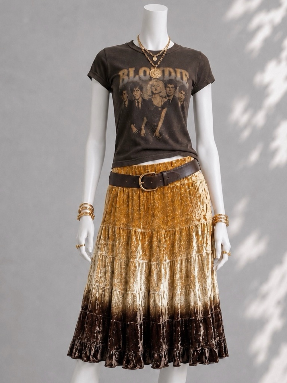 Marciano Velvet Midi Skirt Gold Brown Ombre Tiered Boho Whimsigoth Festival XS